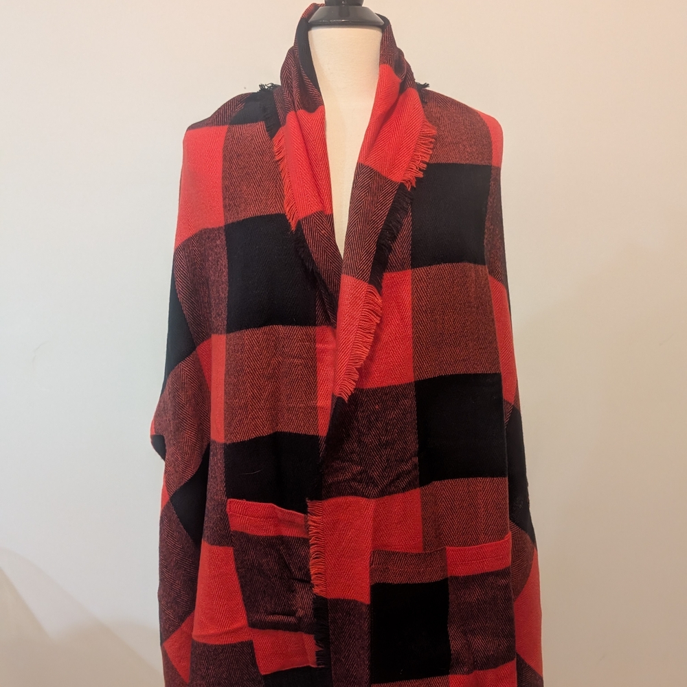 Red and Black Plaid Shawl With Pockets